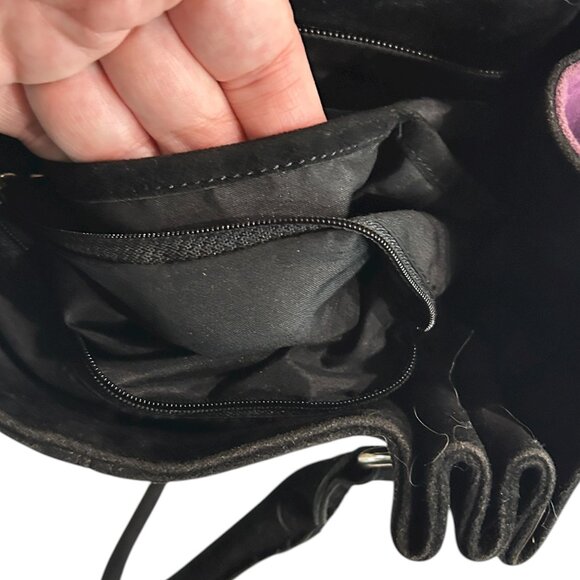 Laura Black Suede Slouchy Hobo Bag Purse Bucket Style Silver Hardware Striped - Picture 4 of 7